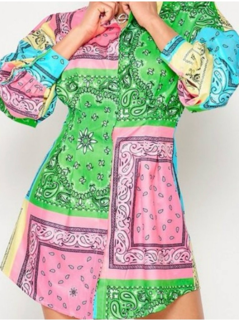 Colorblock Bandana Print Button-Up Shirt - Pastel Multicolor
